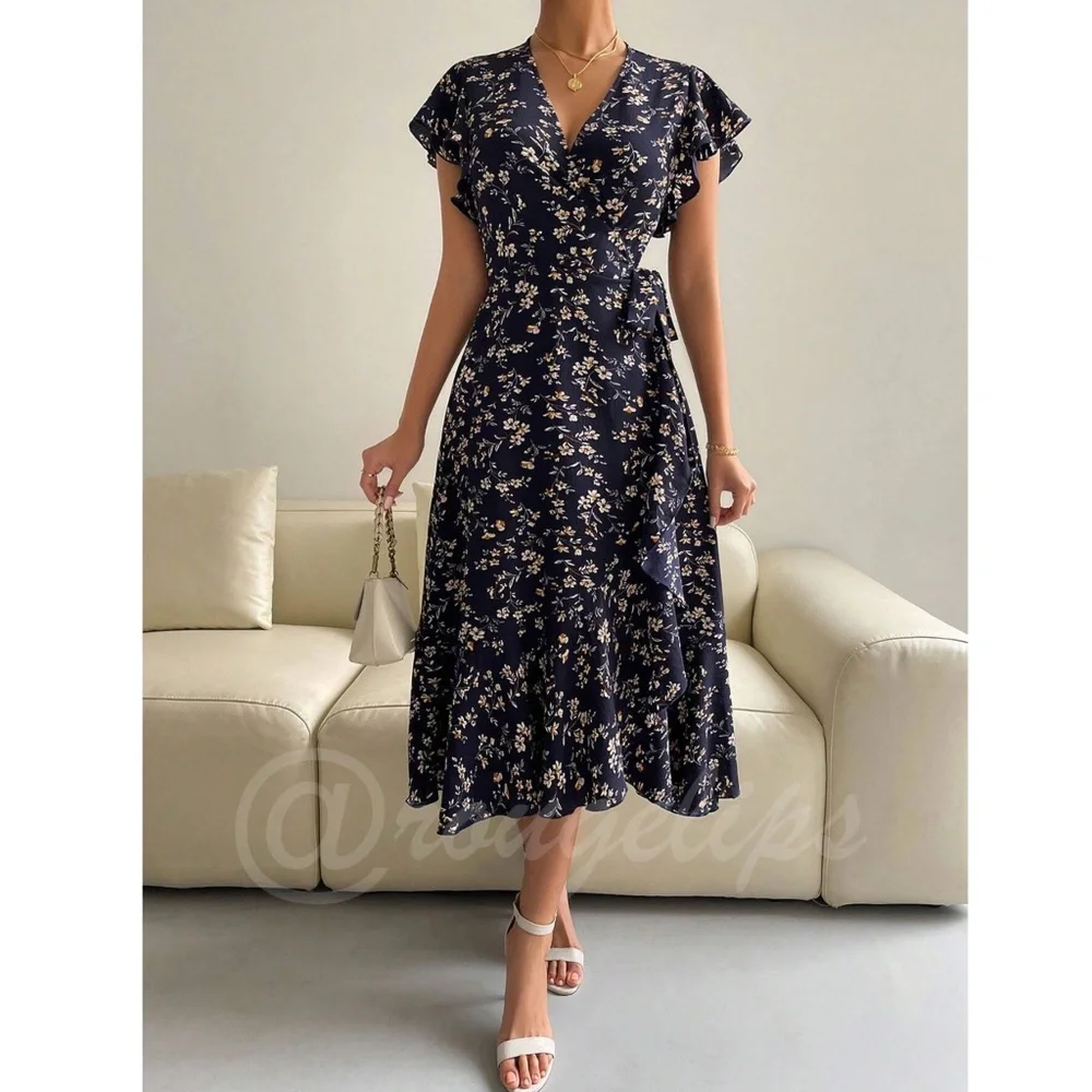 Boho Navy Blue Floral V neck Ruffle Hem Midi Length, A Line Wrap Style - Picture 2 of 10